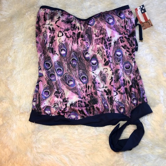 Women's Purple and Black Peacock Feather detail Swim Top size 10 NWT - Picture 5 of 11